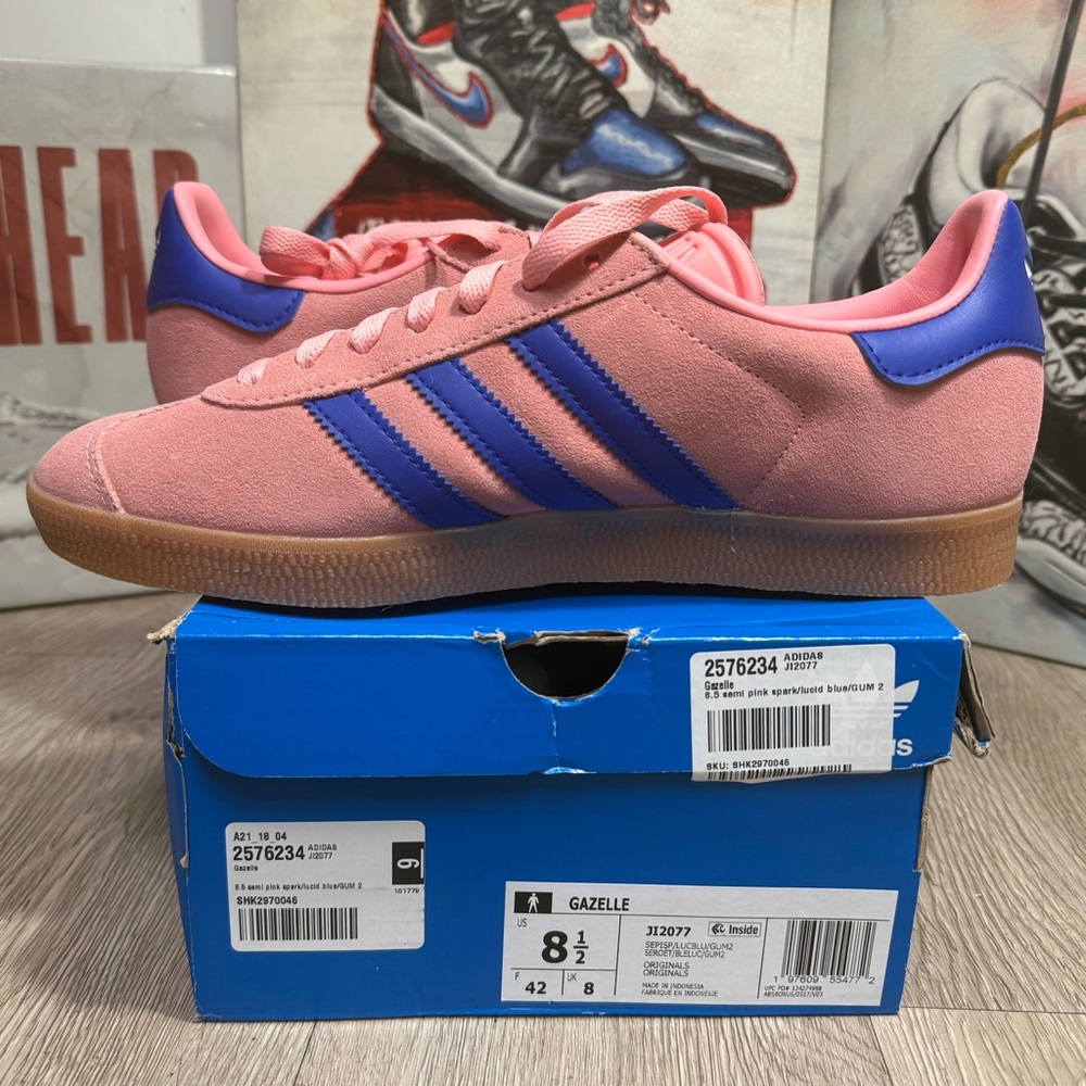 New Adidas Originals Gazelle Semi Pink Spark Lucid Blue Casual Shoes Sneaker - Picture 7 of 13